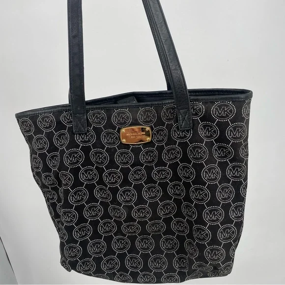 Michael Kors Signature Logo MK Black & White Tote Purse Large Canvas Bag Leather - Picture 2 of 7